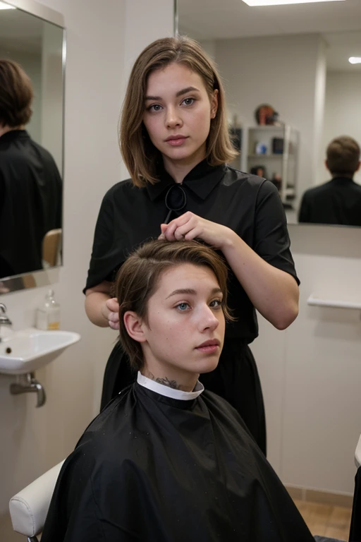The photo was taken in a barbershop. In the foreground is a young blonde with a square haircut and a black cape from a hairdresser. You can see her neck, she's wearing a white barbershop collar