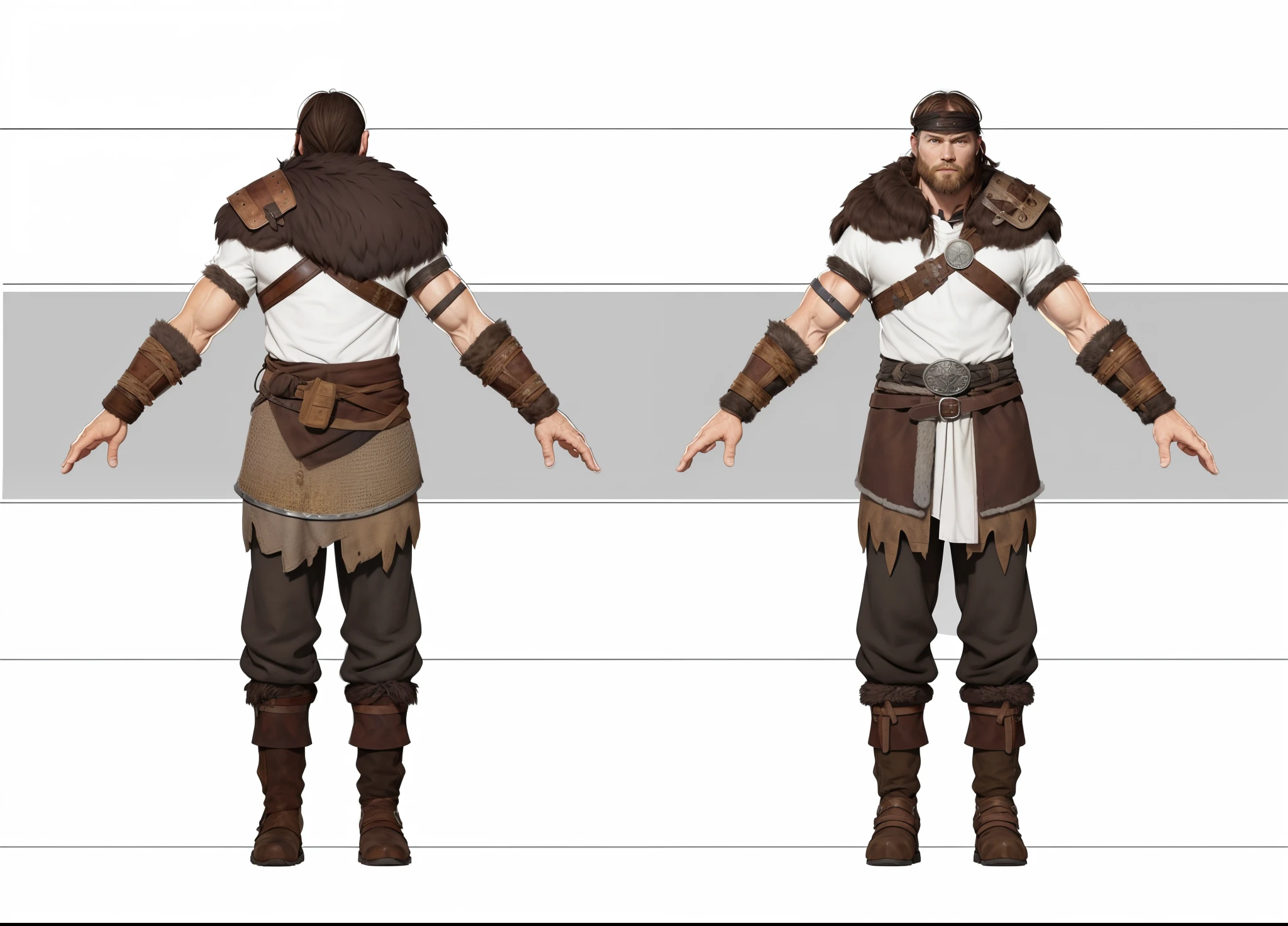( Realistic:1.33),(masterpiece:1.1),(highest quality:1.1),(HDR:1) a close up of a hunter villager with fur coat, medieval villager , wool cloth, full body concept, detailed full body concept, Viking ranger style, Viking protective, Portrait of a Viking, Viking warrior, Viking culture, Nordic warrior, Viking costume, Ancient Viking warrior, wearing Viking clothing, male Viking, with Machado, Nordic inspiration, Viking and barbarian aesthetics, full body character concept,costume concept design, full body details, detailed full body concept art, full character body, character model sheet turnaround, fullbody shot turnaround, concept character sheet, full body concept art, reference model sheet , full body concept art, RPG style character, game character design, 3d character reference sheet, video game character concept, detailed character design, character sheet, [ character model sheet turnaround ], front and back, ((front and back)), grey clean background, 3D character, leather belt, leather boots with rob, ((gambeson cloth)), leather belt on chest, (viking warrior), ((barbarian)),(((wide chest)), leather shoulder armor, (gambeson loincloth), ragged loincloth, (((medieval white shirt cloth inside)))
