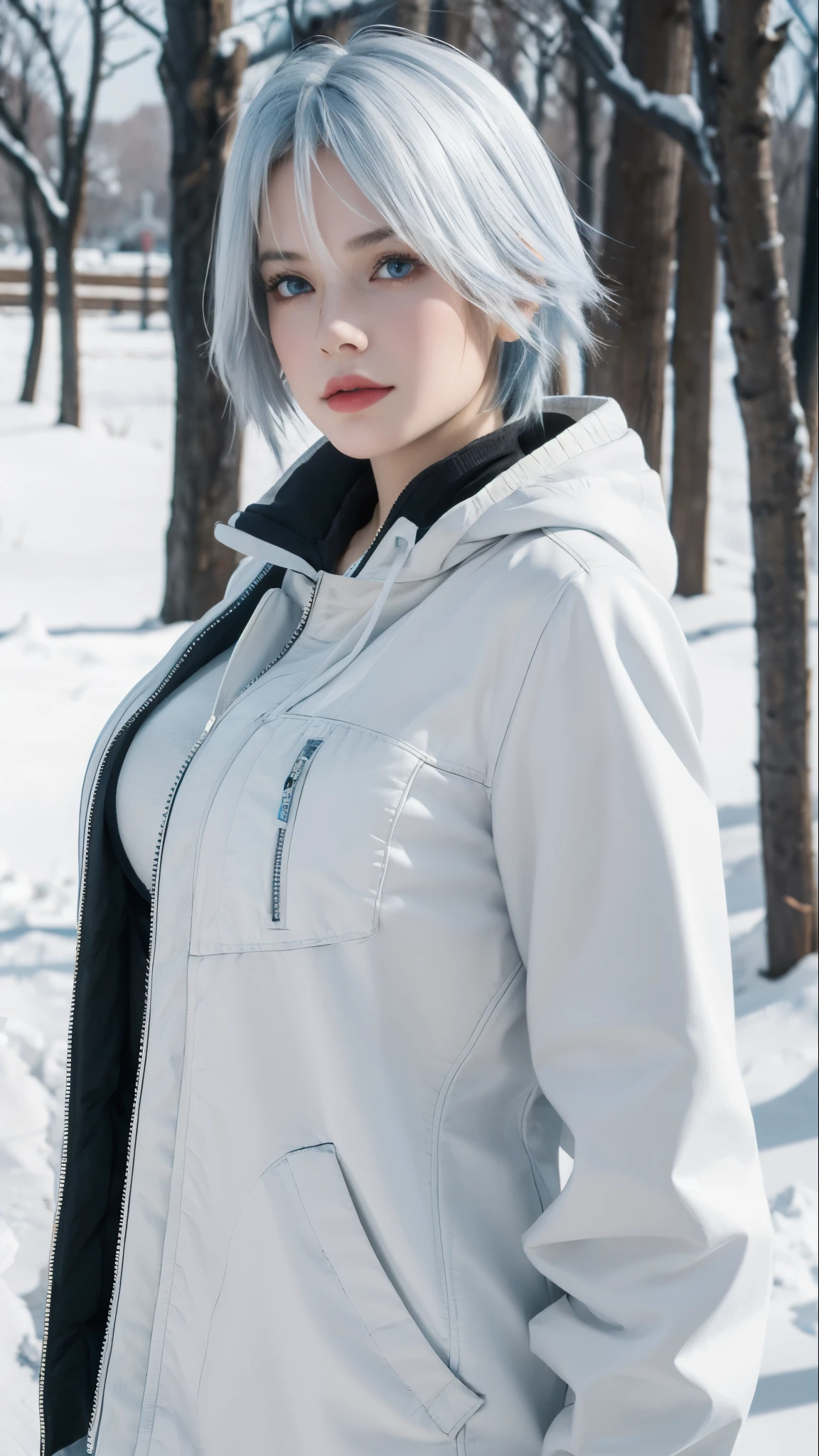 best quality,masterpiece,8k wallpaper,absurdres, highres, ultra detailed, (ung beautiful girl, solo:1.1),realistic,large breasts,blue eyes,(white hair:1.3),short hair,winter coat,buruma,BREAK