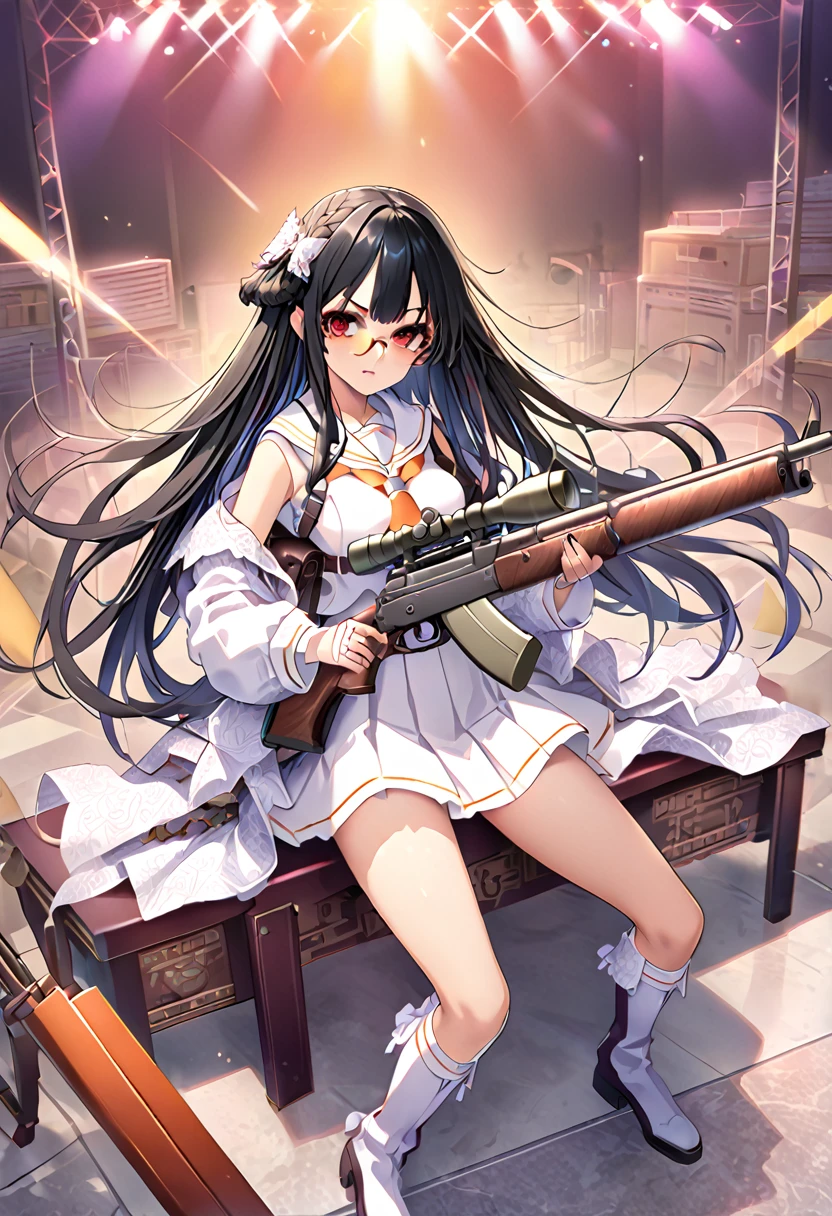 masterpiece、highest quality、Ultra-high resolution、Maximum resolution、Very detailed、Professional Lighting、anime、woman、thin、so beautiful、high school girl、White sailor suit、White knee-high socks、Equipped with a sniper rifle、(((Kar98k)))、Red Eye、Black Hair、long hair、Fingerless gloves、Tactical Boots、Equipped with transparent orange shooting glasses、Equipped with a chest rig、Adjusting the rifle