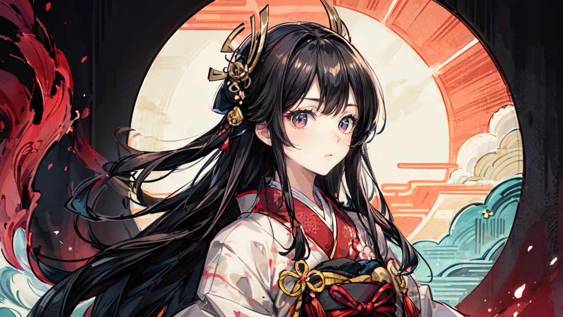 A mysterious and serene Japanese-style art piece featuring a woman with long black hair and red eyes, red eyeshadow, dressed in traditional Japanese clothing. She has traditional hair ornaments in her hair. The background includes ukiyo-e style blue waves, a red sun, and white clouds. The overall color scheme is vibrant with a contrast between dark and bright tones, showcasing intricate details that reflect traditional Japanese aesthetics.