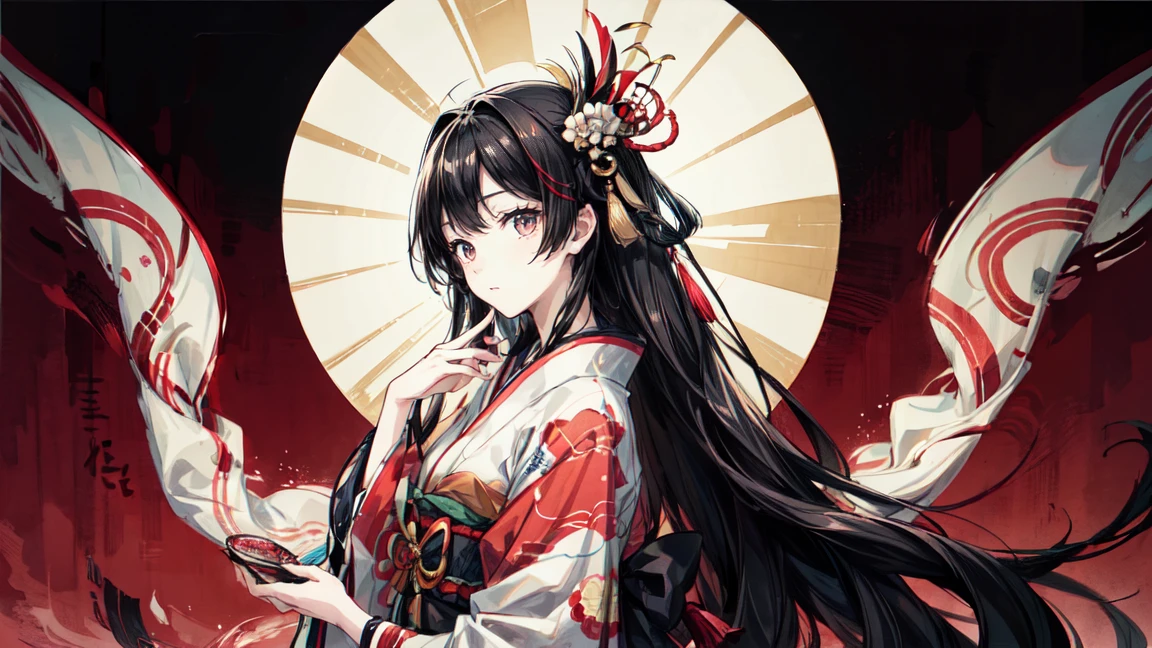 A mysterious and serene Japanese-style art piece featuring a woman with long black hair and red eyes, red eyeshadow, dressed in traditional Japanese clothing. She has traditional hair ornaments in her hair. The background includes ukiyo-e style blue waves, a red sun, and white clouds. The overall color scheme is vibrant with a contrast between dark and bright tones, showcasing intricate details that reflect traditional Japanese aesthetics.