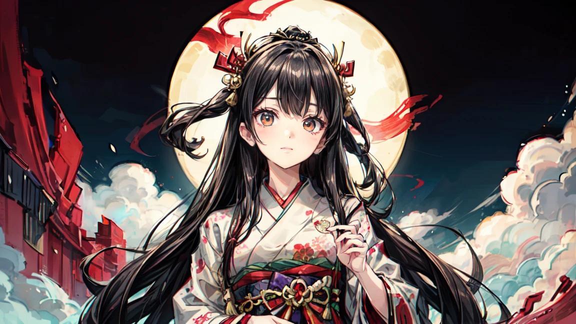 A mysterious and serene Japanese-style art piece featuring a woman with long black hair and red eyes, red eyeshadow, dressed in traditional Japanese clothing. She has traditional hair ornaments in her hair. The background includes ukiyo-e style blue waves, a red sun, and white clouds. The overall color scheme is vibrant with a contrast between dark and bright tones, showcasing intricate details that reflect traditional Japanese aesthetics.
