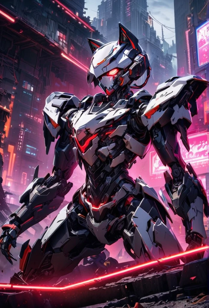 High quality, high definition, high precision images,16k wallpaper,( one cyborg cat). cyborg style
whole body cyborg mech white and black mechanical armor、A robot-like helmet on the head,red neon light from armor、pounce,Belly is also mechanical armor、Futuristic ruined city background