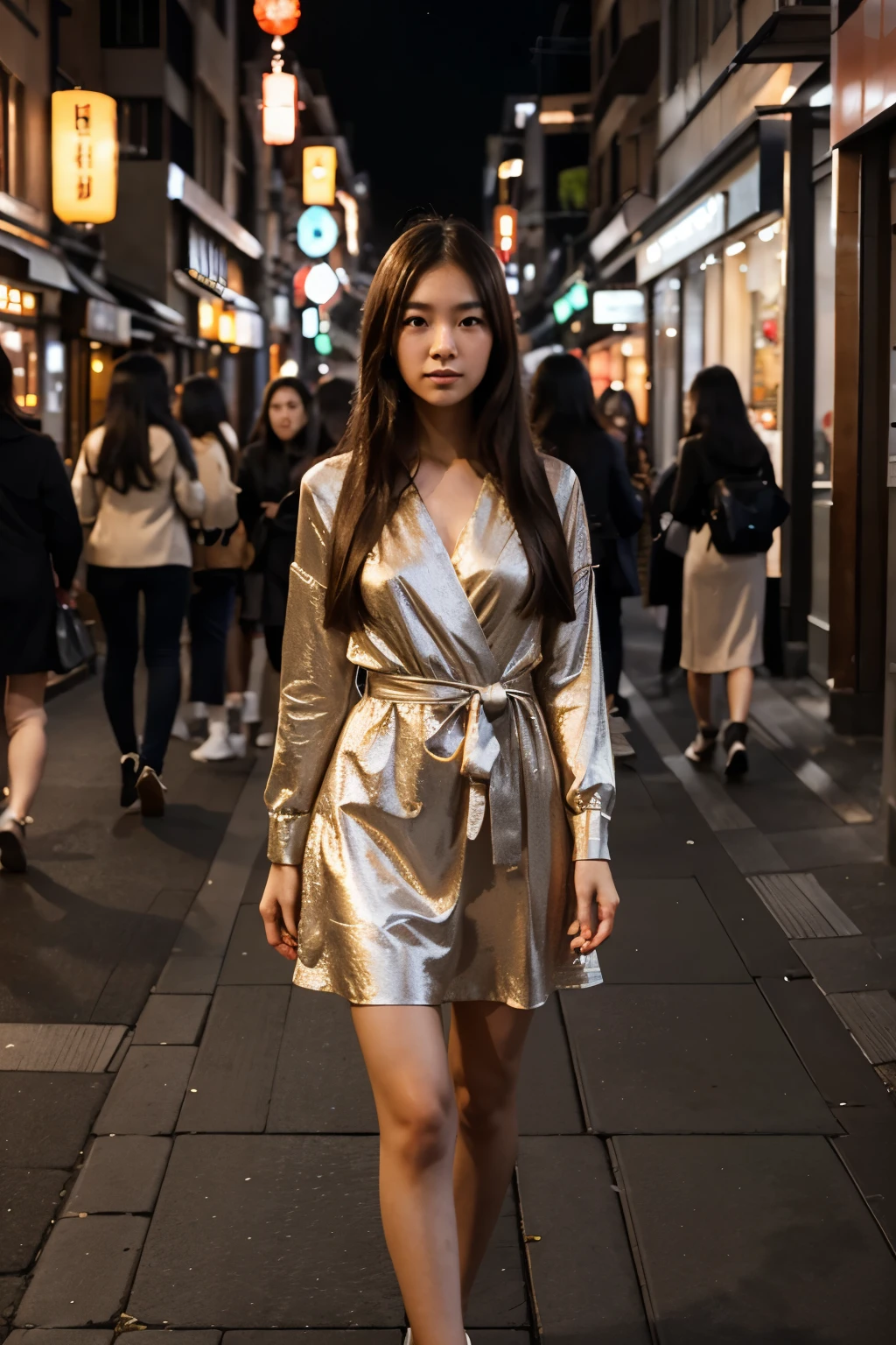 Create a realistic evening image of a 25-year-old Japanese girl with long, flowing hair, wearing a beautiful, elegant dress. She is standing in front of Omotesando (Omotesando) in Tokyo. The street is illuminated by warm lights from storefronts and street lamps, with a serene and sophisticated ambiance. The girl should look fashionable and confident, blending into the beautifully lit evening scene.