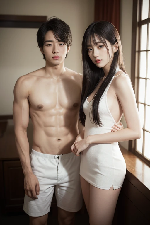 (male and female couple, ，same height，two college students,Different hairstyles), (28 years old), （bedroom）, Film texture, Japanese movies，realism，real human, Beautiful light and shadow., blurred background, Long eyelashes,Totally naked,naked,Double eyelids, handsome，youthfulness，refreshing，Asian people，I&#39;m a shy person.，smile，Big eyes，embrace,paw,Hot and sexual demeanor,round eyes，full body shot