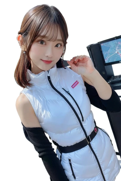 An innocent 20-year-old girl、((White tank top, Dramatic Pose)),smile,BREAK (Spacecraft control room background):2,、BREAK RAW Photos, (8k、highest quality、masterpiece:1.2)、(Intricate details:1.4)、(Photorealistic:1.4)、Octane Rendering、Complex 3D rendering with ultra-detail, Studio Soft Light, Rim Light, Vivid details, Super Detail, Realistic skin texture, Detailed aspect, Beautiful details in the eyes, Highly detailed CG Unity 16k wallpaper, compensate, (Detailed Background:1.2), Glowing Skin, whole body、(astrovest):2,(black long sleeves):5,headphone,smartwatch,((Standing with hands behind back、Leaning forward、Angle from above))