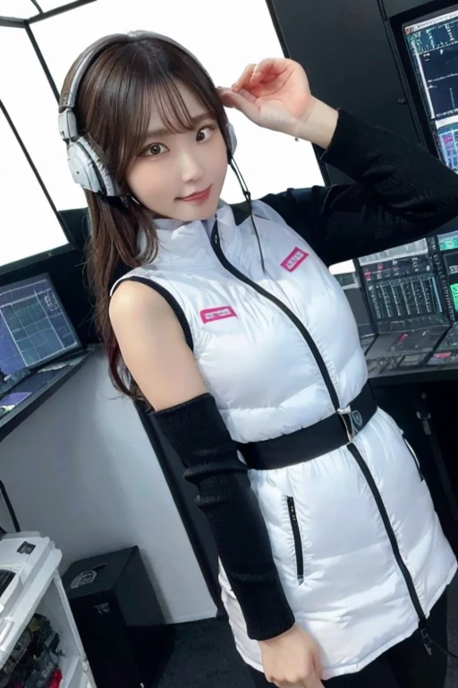 An innocent 20-year-old girl、((White tank top, Dramatic Pose)),smile,BREAK (Spacecraft control room background):2,、BREAK RAW Photos, (8k、highest quality、masterpiece:1.2)、(Intricate details:1.4)、(Photorealistic:1.4)、Octane Rendering、Complex 3D rendering with ultra-detail, Studio Soft Light, Rim Light, Vivid details, Super Detail, Realistic skin texture, Detailed aspect, Beautiful details in the eyes, Highly detailed CG Unity 16k wallpaper, compensate, (Detailed Background:1.2), Glowing Skin, whole body、(astrovest):2,(black long sleeves):5,headphone,smartwatch,((Standing with hands behind back、Leaning forward、Angle from above))