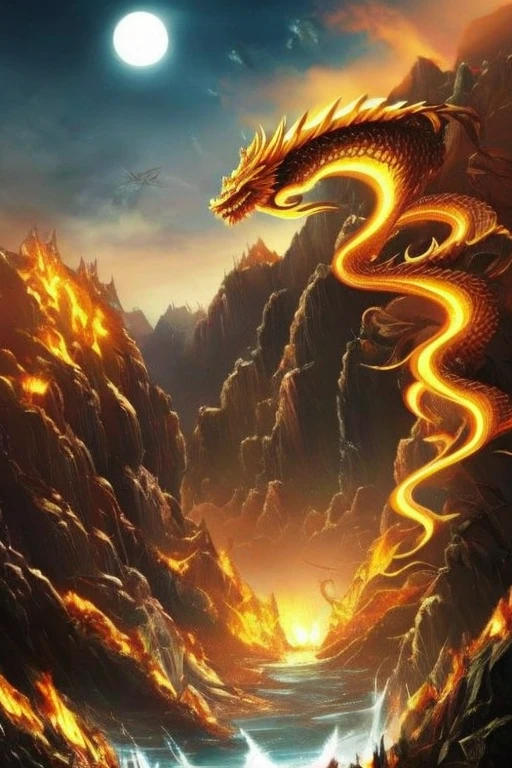 So sublime and divine々A beautiful golden dragon coiled up in the center of the screen, glaring at the camera.。金色のThe dragon is幸せをもたらす神なのでとても有難い存在である。The surrounding area is a canyon where no one can get close, and lightning is flashing in the background.、The sun is shining brightly。The dragon is、I want a realistic image。