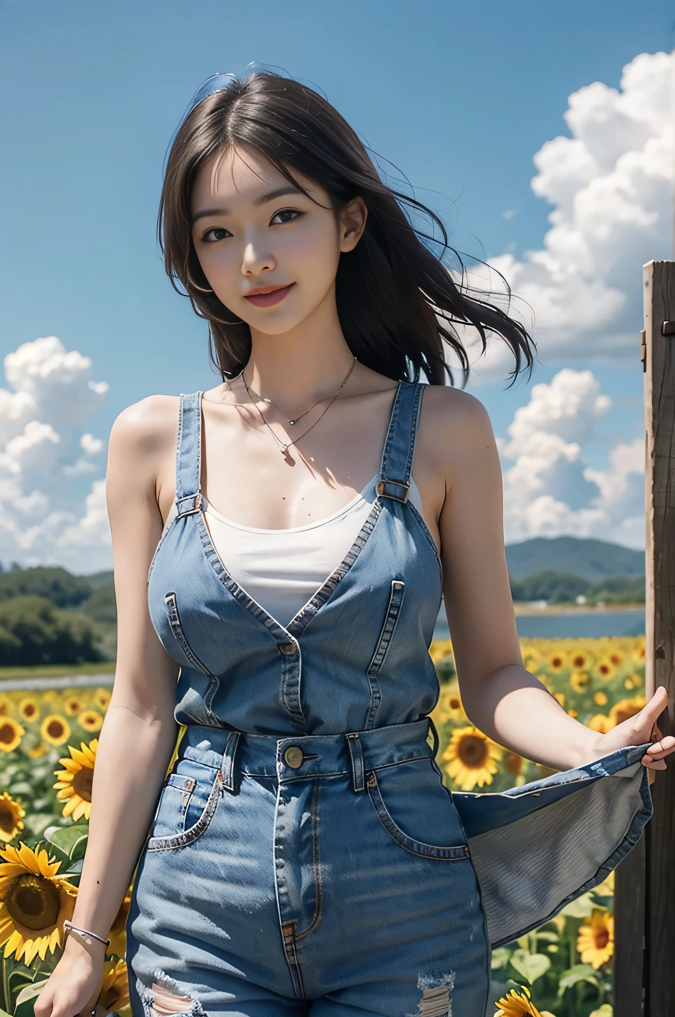 highest quality, Ultra-high resolution, masterpiece, Realistic: 1.8), pore, Accuracy, Sunflower field,  Tall and wide, White clouds overhead, Blue sky, Denim Coverall, Ample breasts、White tank top、Silver Necklace、Pale Light, young woman, Tie your hair back, iris, Smiling eyes、smile, Laugh out loud with your mouth open、White teeth、Leaning forward, Leaning forwardになる, Bend your waist, Look into the chest, Detailed Description, 23 years old, cute,