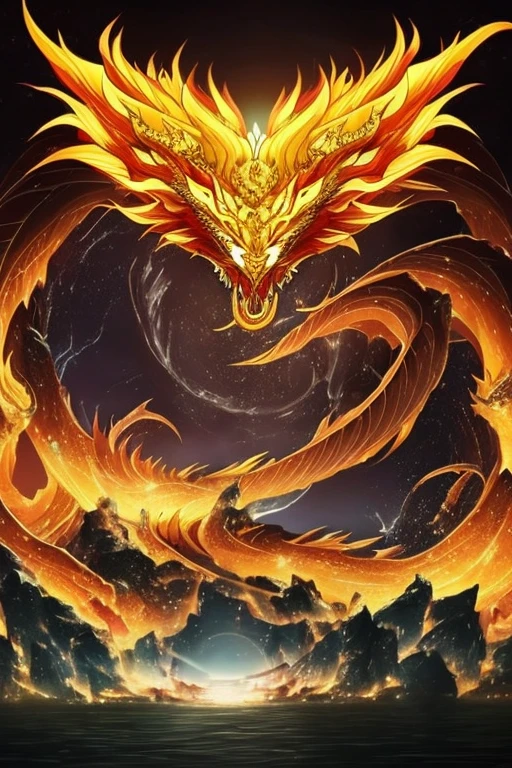 So sublime and divine々A beautiful golden dragon coiled up in the center of the screen, glaring at the camera.。金色のThe dragon is幸せをもたらす神なのでとても有難い存在である。The surrounding area is a canyon where no one can get close, and lightning is flashing in the background.、The sun is shining brightly。The dragon is、I want a realistic image。