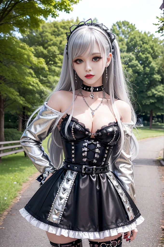 sexy stylish Swedish model, only 1 female, ((doll-like appearance)), long multicolor stylish hair, ((shiny Punk-Style boots)), (big smile), ultra detailed eyes, detailed makeup, lipgloss, ((sexy Punk ta cosplay)), unconventional skirt, petticoats, high neckline, ((ultra detailed lace)), ((ultra detailed embroidery)), intricate details, tartan patterns, ((silver chains)), ((silver spikes)), (safety pins), Punk Loliccessoires, Punk Lolita cr, ((large sparkling Punk Lolita jewel, cinematic light, detailed large park background with trees 
