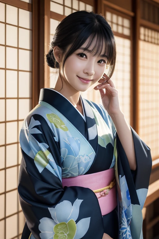 （(kimono)）、(22 years old)、Random pose、(highest quality,masterpiece:1.3,超A high resolution,),(Ultra-detailed,Caustics),(Photorealistic:1.4,RAW shooting,)Ultra-Realistic Capture,Very detailed,High resolution 16K human skin closeup、 The skin texture is natural、、The skin looks healthy、The color is also uniform.、 Use natural light and color,1 girl,Japanese,49 years old,cute,Black-haired,Mid-length hair,,smile,,(Depth of written boundary、chromatic aberration、、Wide range of lighting、Natural Shading、)、