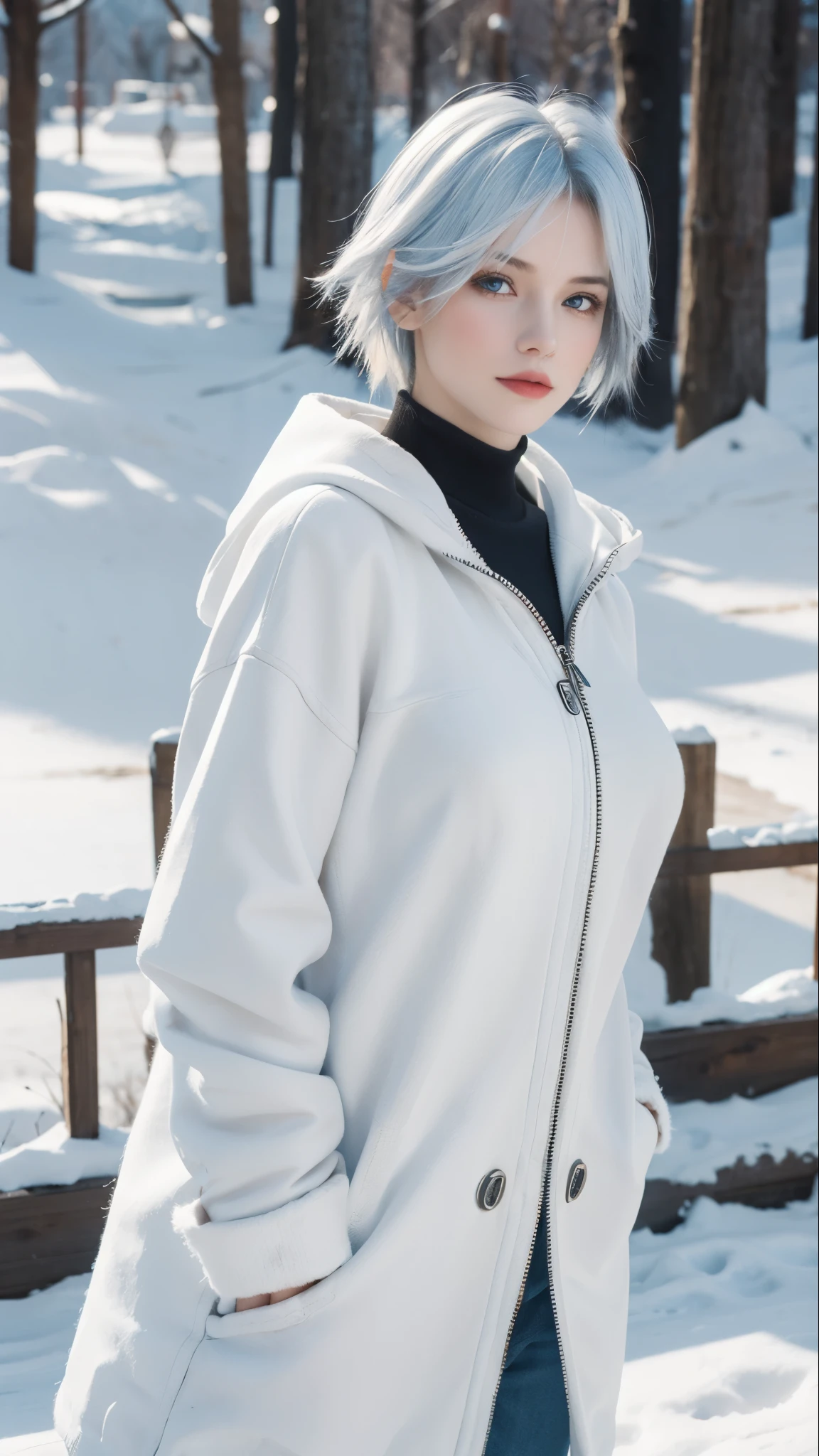 best quality,masterpiece,8k wallpaper,absurdres, highres, ultra detailed, (1 young beautiful girl, solo:1.1),realistic,large breasts,blue eyes,(white hair:1.3),short hair,winter coat,buruma,BREAK