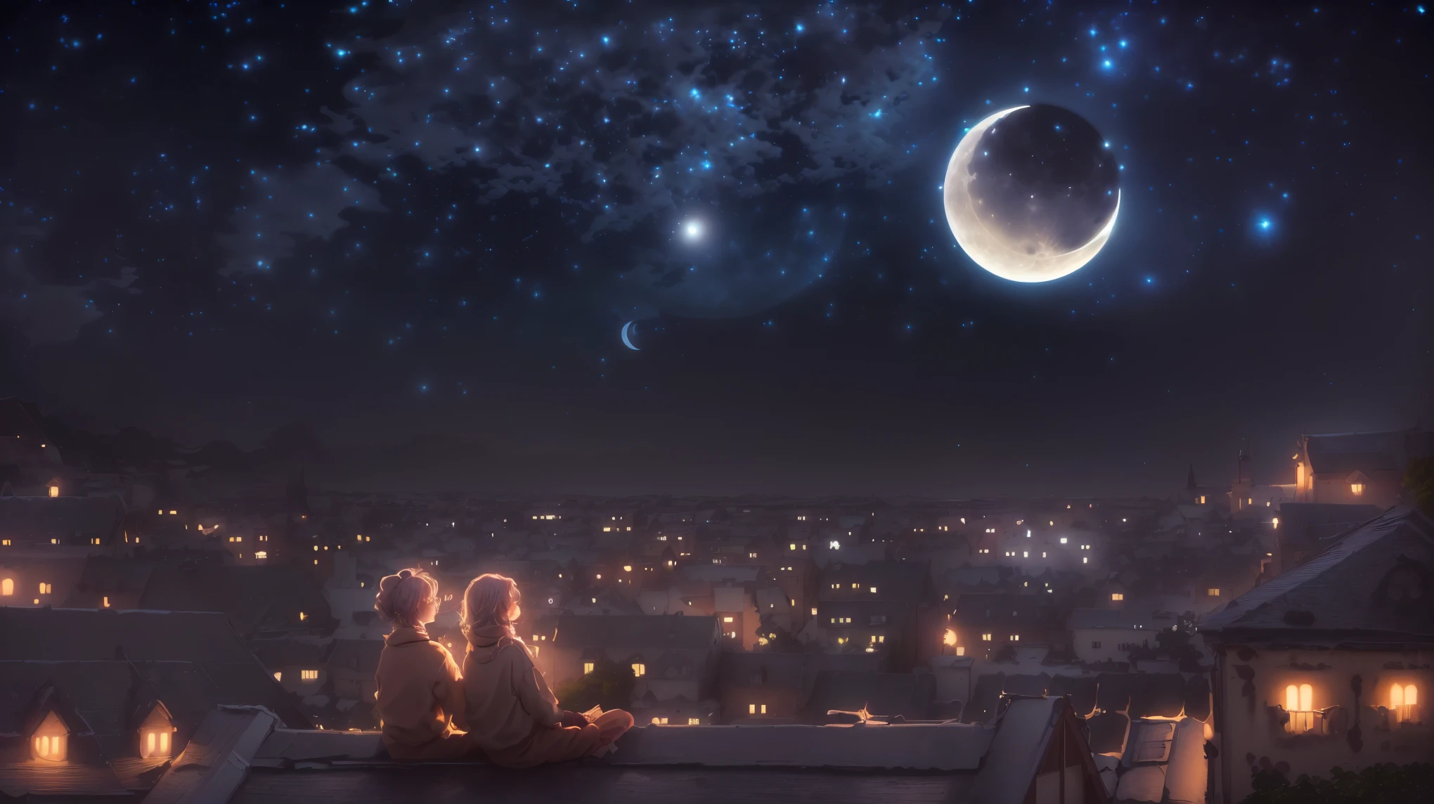there are two people sitting on a roof looking at the moon, looking at the moon, moonlit night dreamy atmosphere, dreamy night, calm night. digital illustration, night under the starry sky, dreamy illustration, watching the stars at night, sitting on a moon, watching the stars, stary night painting, moon light fish eye illustrator