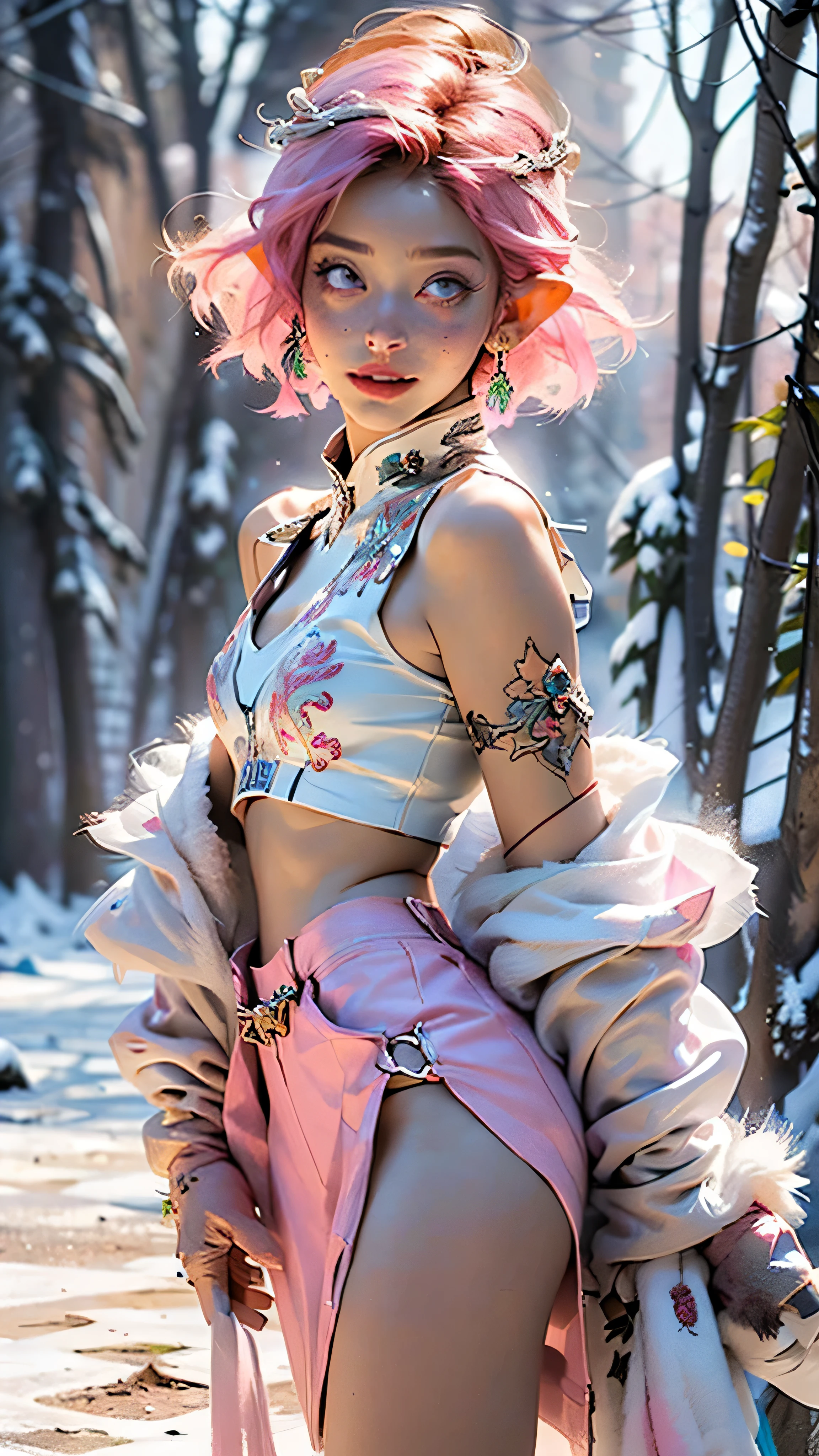 cute  elf,(((little ,tiny little body,little))),((())),((anime elf  with extremely cute and beautiful fuchsia hair)), (((elf))), (((elf ears))),

(((flat chest))),((((fuchsia hair:1.35,short fuchsia hair,colored inner hair,ear breathing)))),(((pink_eyes:1.3))),intricate eyes,beautiful detailed eyes,symmetrical eyes,big eyes:1.5,(((freckles on the face,freckles,freckled girl))),(((lustrous skin:1.5,bright skin: 1.5,skin tanned,shiny skin,very shiny skin,shiny body,plastic glitter skin,exaggerated shiny skin,illuminated skin))),(detailed body,(detailed face)),

cute,slutty,erotic,daring,((nsfw)), (perfect back view)

zettai ryouiki,revealing clothing,show skin,(((Sexy pink fur coat, pink fur coat outfit, wearing a pink fur coat:1.3,pink winter coat))),((pink mini-skirt,pink mini skirt with furry edge,visible thong straps)),((underpants strap)),(white gloves,pink clothes,semi-naked,with little pink clothing,(((furry edge clothing)))),(((intricate outfit,intricate clothes,embroidered outfit,ornate outfit,embroidered clothes,ornate clothes))),

(dynamic pose:1.0),embarrassed,(centered,scale to fit dimensions,Rule of thirds),

((snowy pine forest)),winter,scenery:1.25,((intricate scenery)),((snow forest background)),

(Glossy winter ornaments),highres,sharp focus,(ultra detailed,extremely detailed),(photorealistic artwork:1.37),(extremely detailed CG unity 8k wallpaper),(((vibrant colors,vibrant theme))),(intricate),(masterpiece),(best quality),artistic photography,(photography taken by sldr),(intricate background),perfect rendered face,perfect face details,realistic face,photo realistic,analog style,((intricate detail)),(((realism))),
