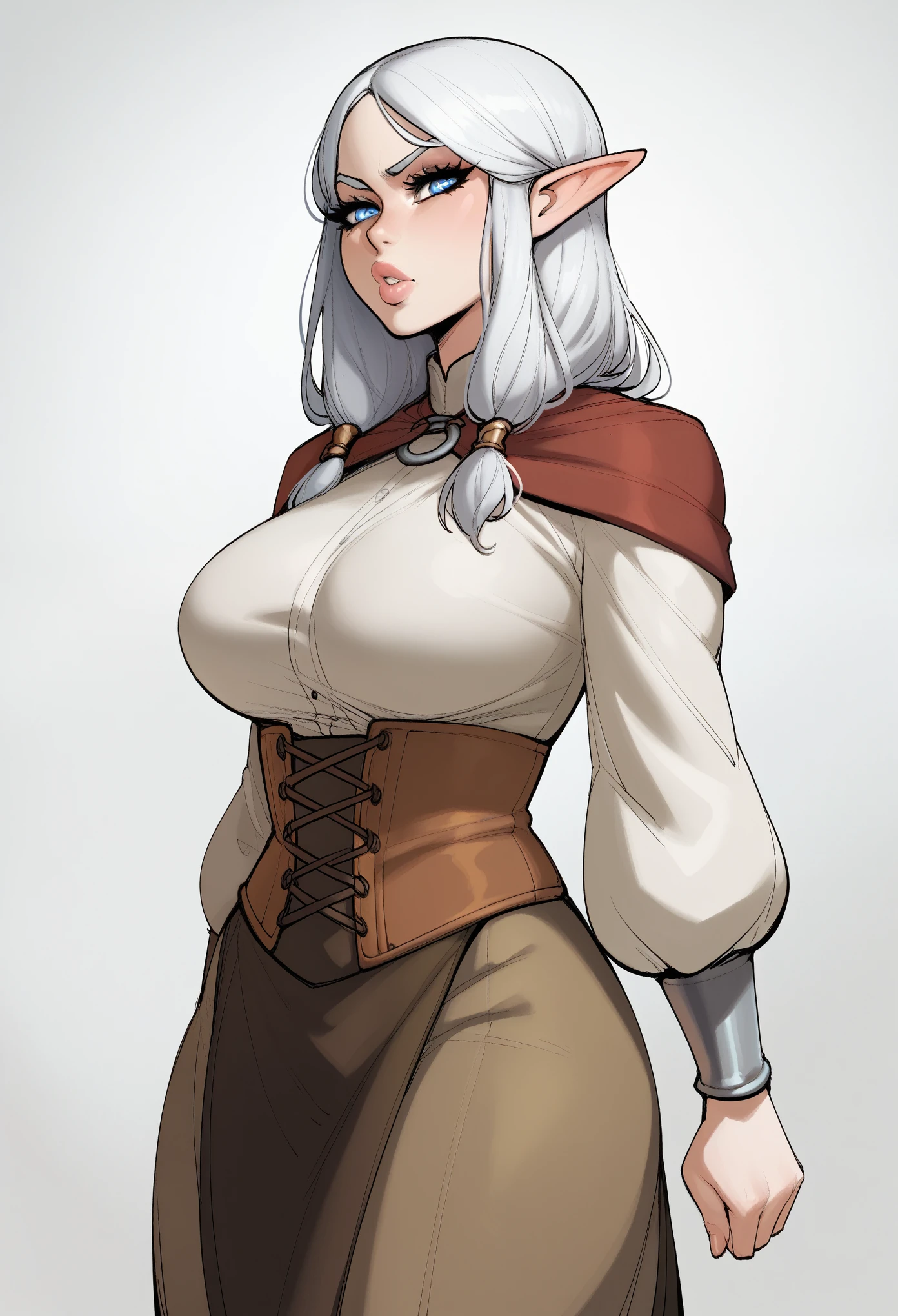 score_9, score_8_up, score_7_up, score_6_up, score_5_up, score_4_up, BREAK 1girl, Elf, blue eyes, thick lips, long eyelashes, scowl expression, standing, pale skin, thin, adult, harsh lighting, BREAK solo, large breasts, adult, skinny, arched back, thigh gap, medieval outfit, BREAK (simple background:1.2), simple background, dynamic pose
