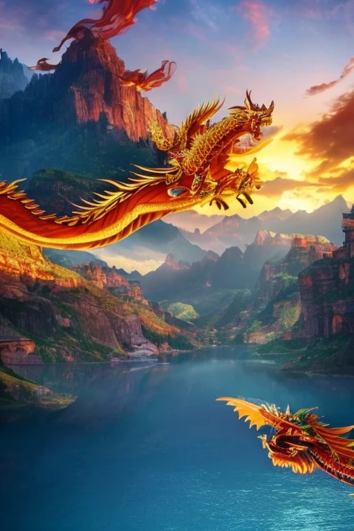 So sublime and divine々A beautiful golden dragon floats in the center of the screen, glaring at the camera.。金色のThe dragon is幸せをもたらす神なのでとても有難い存在である。The surrounding area is a canyon where no one can get close, and lightning is flashing in the background.、The sun is shining brightly。The dragon is、I want a realistic image。
