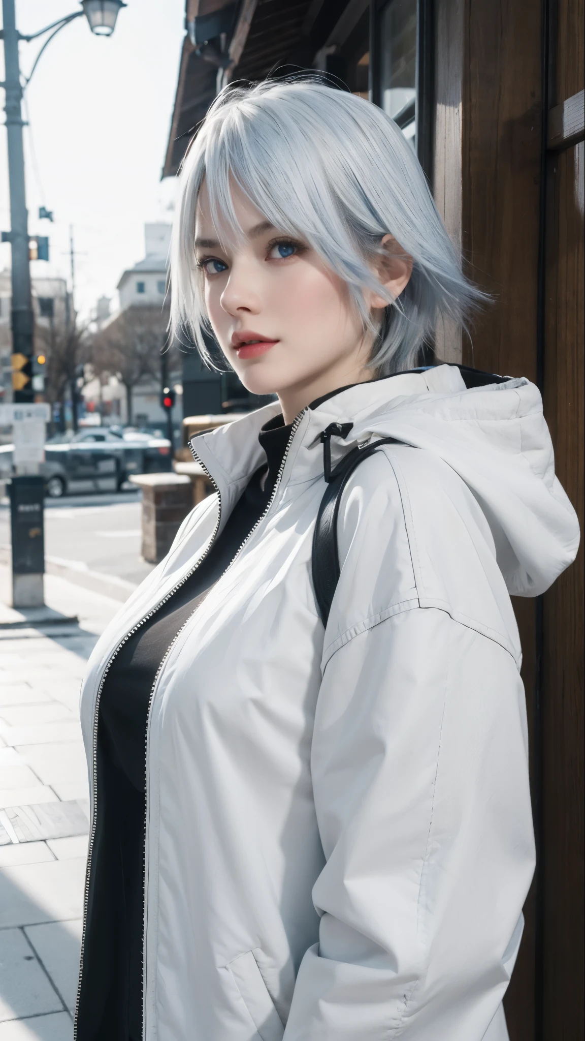 best quality,masterpiece,8k wallpaper,absurdres, highres, ultra detailed, (1 young beautiful girl, solo:1.1),realistic,large breasts,blue eyes,(white hair:1.3),short hair,winter coat,buruma,BREAK