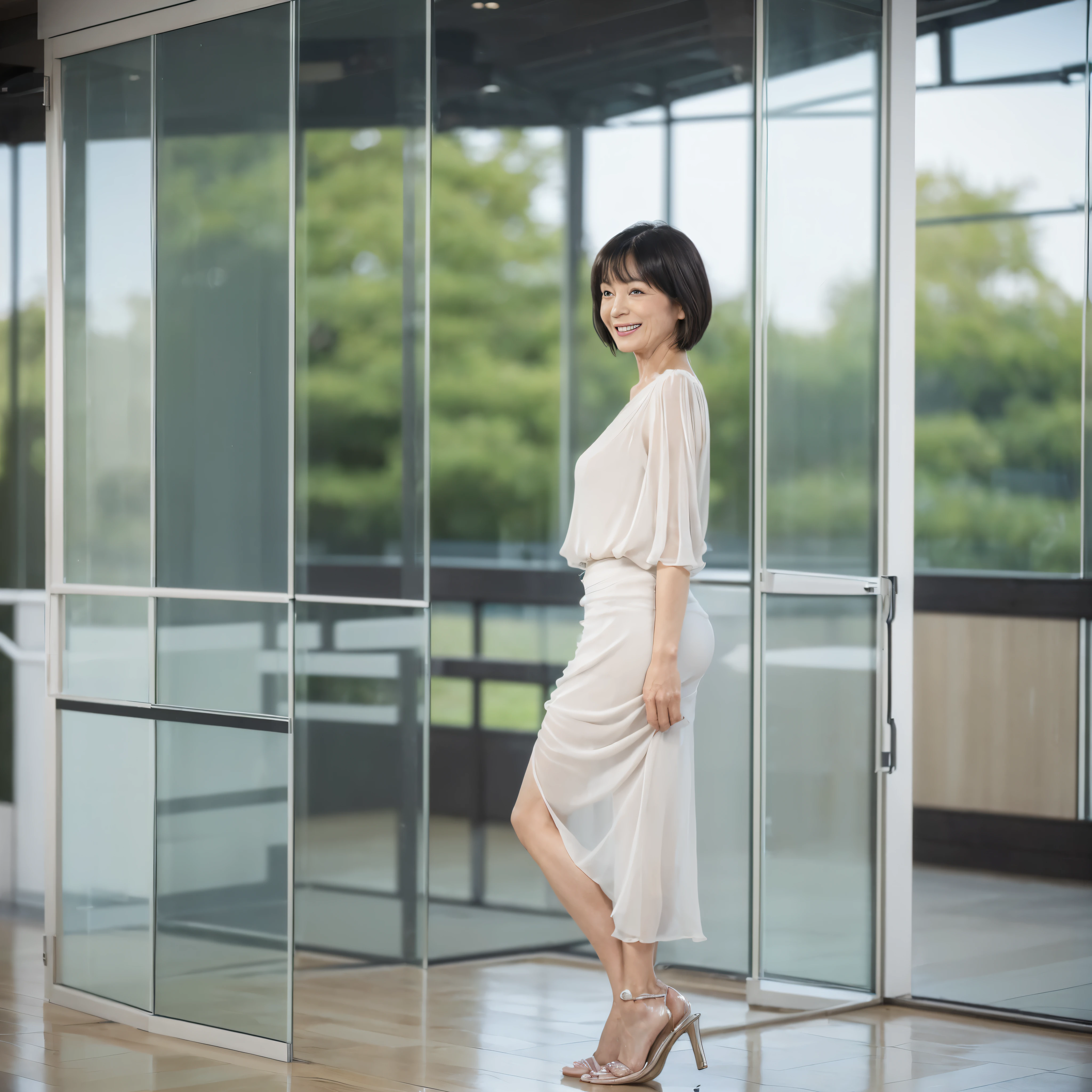 ((highest quality)), ((8K)), ((masterpiece: 1.3)), (Photorealism: 1.6), (Japanese mature women standing and talking), (Bright and spacious entrance hall with glass walls: 1.4), (The background is blurred: 1.8), (A woman standing facing diagonally forward: 1.4), (Angle from the feet: 1.4), (A man stands opposite a woman: 1.4), BREAK(Man in the back: 1.4),BREAK (46-year-old woman), (Perfect looks), ((Realistic skin texture)), (Fine lines all over the skin), (Dull skin), (Facial wrinkles), (Wrinkles around the eyes), double eyelid, Tear bags under the eyelids, (Laugh with a scrunched up face), Short bangs, Short Hair, (Smooth: 1.6), (Chiffon blouse: 1.2), (Tight Skirt), (High heels),