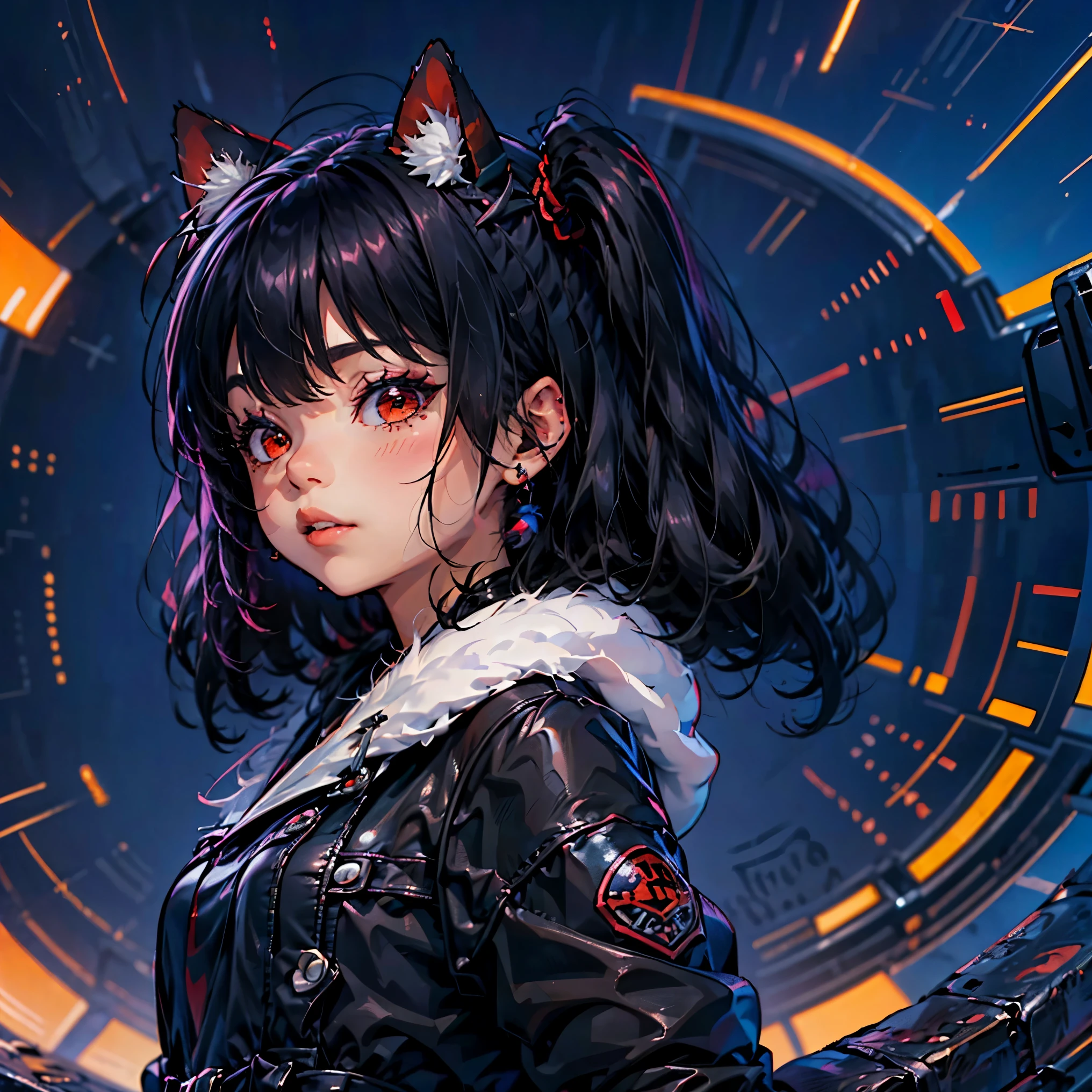 (junkotvv cabello largo negro con orejas de gato y ojos rojos), Ilustracion 3d de una chica bajo la lluvia
