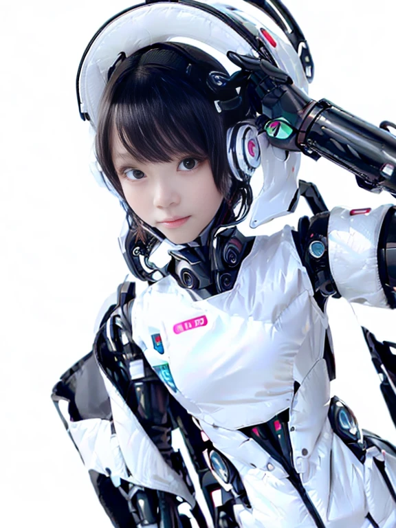 A girl in a futuristic bright white heavily armored robot suit takes a photo、perfect android girl, Female cyborg body, Perfect anime cyborg woman, Beautiful female android!, Female Robot, completely robot!! girl, Cute cyborg girl, Cyber Suit, Girl wearing mecha cybernetic armor, Cyber Suit, beutiful white girl cyborg, Beautiful female android, Beautiful girl cyborg、Cute cyborg girl with short bob hair、Beautiful android sculpture model、(Laughter)、((Rounded, white, sturdy armor))、(((Equipped with long sensor antennas on both ears)))、(((Robot Girl)))、(((Android girls)))、