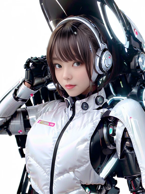 A girl in a futuristic bright white heavily armored robot suit takes a photo、perfect android girl, Female cyborg body, Perfect anime cyborg woman, Beautiful female android!, Female Robot, completely robot!! girl, Cute cyborg girl, Cyber Suit, Girl wearing mecha cybernetic armor, Cyber Suit, beutiful white girl cyborg, Beautiful female android, Beautiful girl cyborg、Cute cyborg girl with short bob hair、Beautiful android sculpture model、(Laughter)、((Rounded, white, sturdy armor))、(((Equipped with long sensor antennas on both ears)))、(((Robot Girl)))、(((Android girls)))、