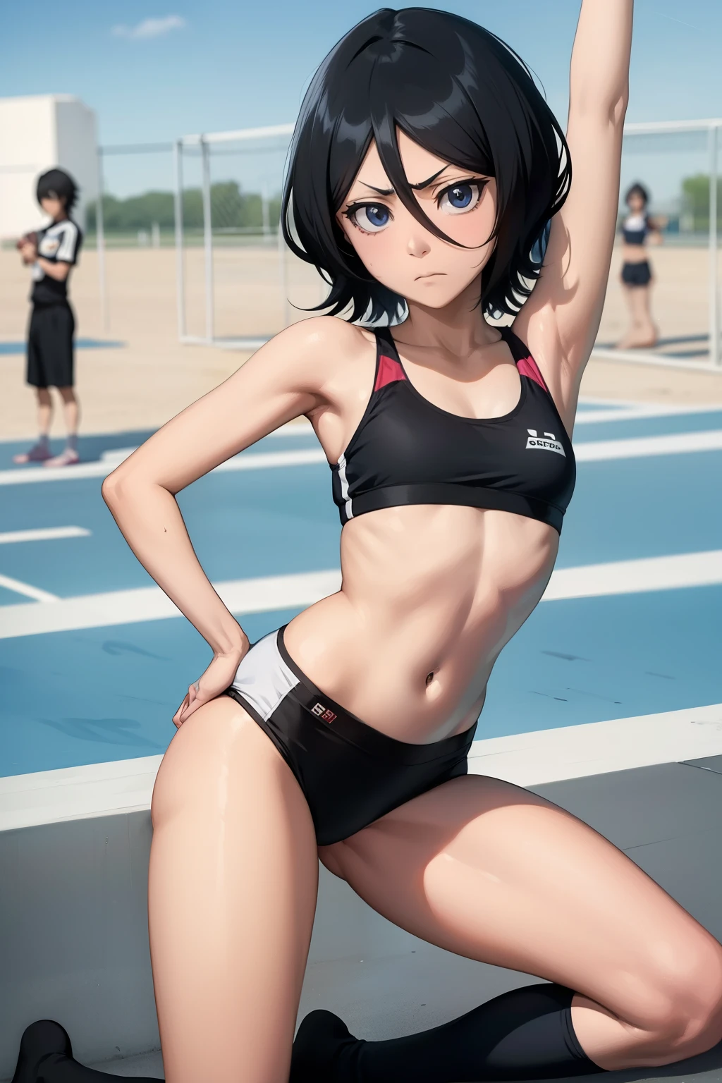 Rukia , anime , masterpiece  ,gymnastic    , sport bra,  blomer   , long socks,  disappointed face angry  , piercing no umbigo. 