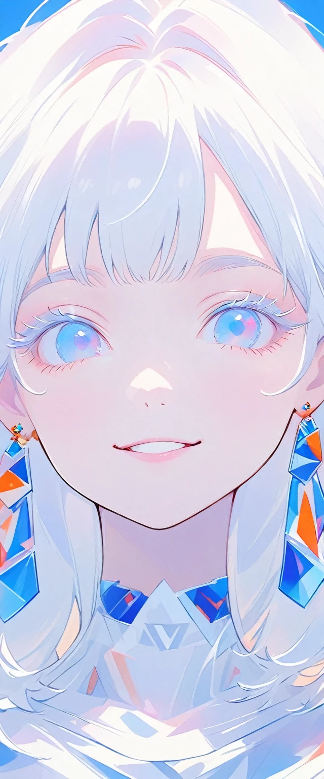 minimalist，fashion girl，white hair，blue background，Wearing special earrings，Bohemian style，Defined eyelashes，Full bright blue eyes，Clean and transparent eyes，close up，Portrait facing camera，Smile flat illustration，Geometry，clean，japanese manga