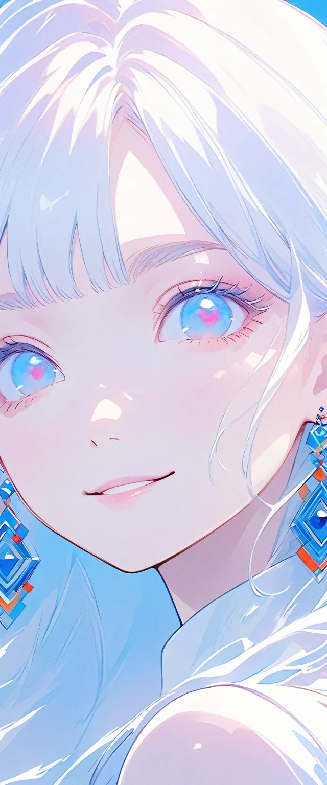 minimalist，fashion girl，white hair，blue background，Wearing special earrings，Bohemian style，Defined eyelashes，Full bright blue eyes，Clean and transparent eyes，close up，Portrait facing camera，Smile flat illustration，Geometry，clean，japanese manga