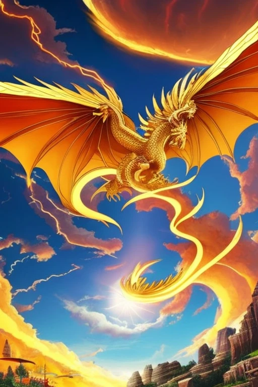 So sublime and divine々A beautiful golden dragon floats in the center of the screen, glaring at the camera.。金色のThe dragon is幸せをもたらす神なのでとても有難い存在である。The surrounding area is a canyon where no one can get close, and lightning is flashing in the background.、The sun is shining brightly。The dragon is、I want a realistic image。