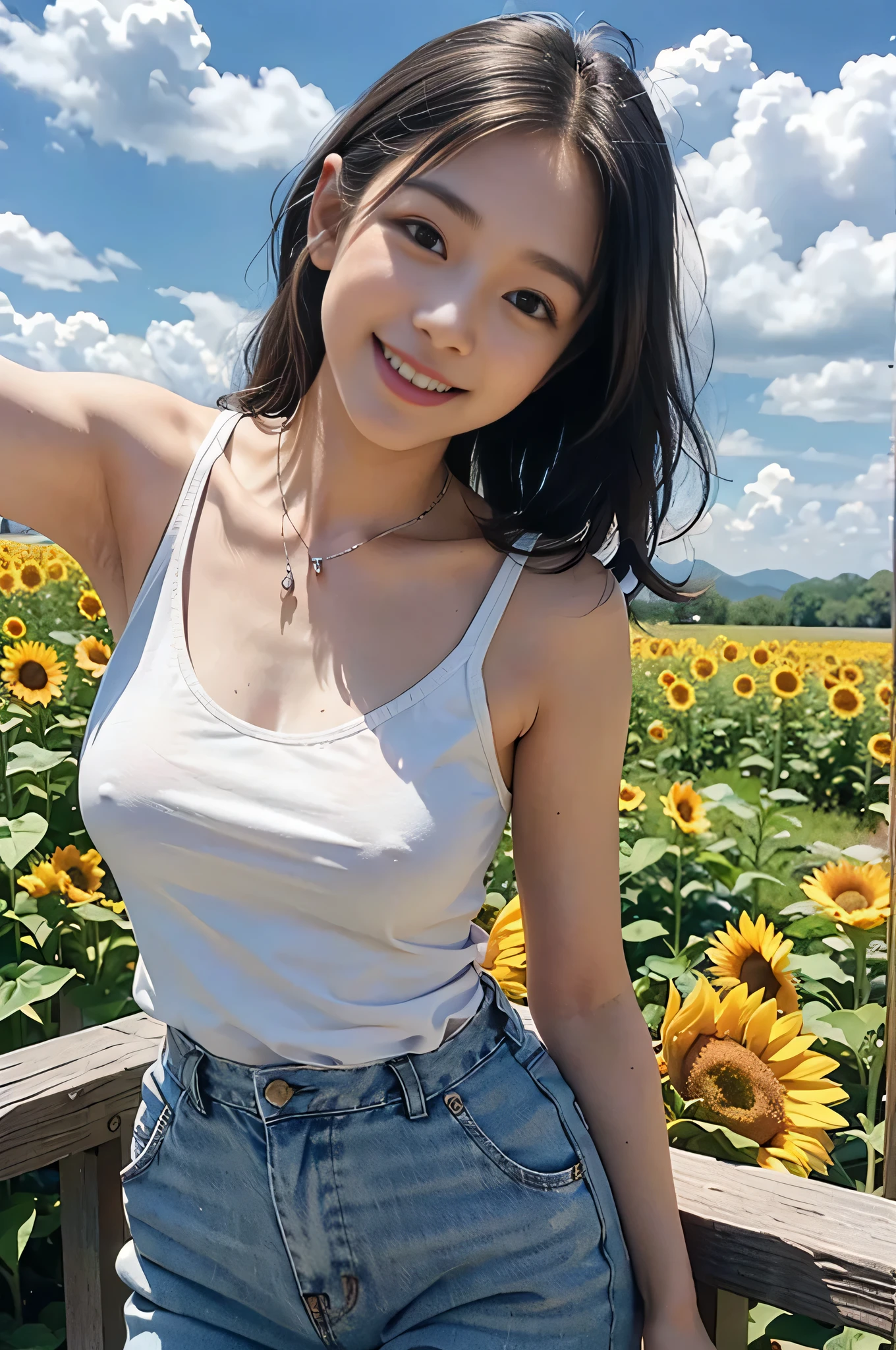 highest quality, Ultra-high resolution, masterpiece, Realistic: 1.8), pore, Accuracy, Sunflower field, Tall and wide, White clouds overhead, Blue sky, Cotton Work Trousers, Ample breasts、White tank top、Silver Necklace、Pale Light, young woman, Tie your hair back, iris, Smiling eyes、smile, Laugh out loud with your mouth open、White teeth、Leaning forward, Leaning forwardになる, Bend your waist, Look into the chest, Detailed Description, 23 years old, cute,
