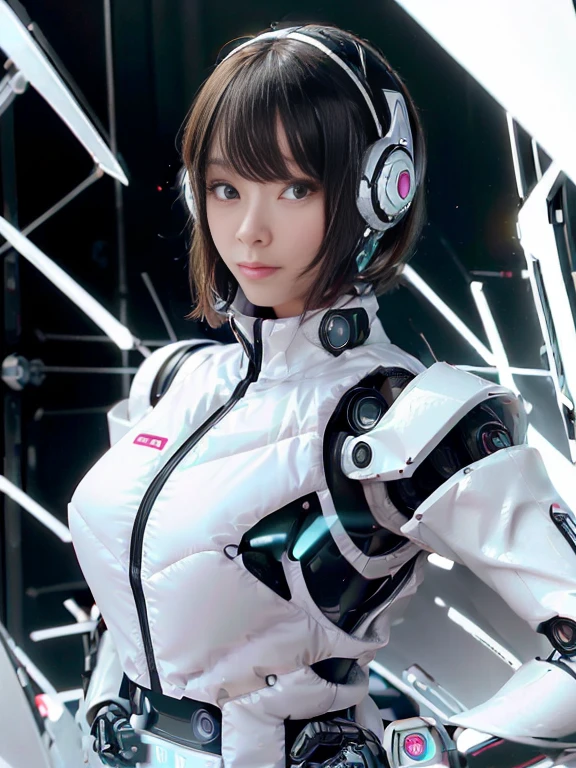 A girl in a futuristic bright white heavily armored robot suit takes a photo、perfect android girl, Female cyborg body, Perfect anime cyborg woman, Beautiful female android!, Female Robot, completely robot!! girl, Cute cyborg girl, Cyber Suit, Girl wearing mecha cybernetic armor, Cyber Suit, beutiful white girl cyborg, Beautiful female android, Beautiful girl cyborg、Cute cyborg girl with short bob hair、Beautiful android sculpture model、(Laughter)、((Rounded, white, sturdy armor))、(((Equipped with long sensor antennas on both ears)))、(((Robot Girl)))、(((Android girls)))、