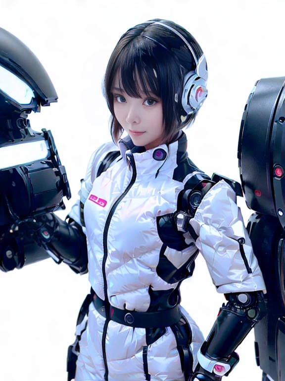 A girl in a futuristic bright white heavily armored robot suit takes a photo、perfect android girl, Female cyborg body, Perfect anime cyborg woman, Beautiful female android!, Female Robot, completely robot!! girl, Cute cyborg girl, Cyber Suit, Girl wearing mecha cybernetic armor, Cyber Suit, beutiful white girl cyborg, Beautiful female android, Beautiful girl cyborg、Cute cyborg girl with short bob hair、Beautiful android sculpture model、(Laughter)、((Rounded, white, sturdy armor))、(((Equipped with long sensor antennas on both ears)))、(((Robot Girl)))、(((Android girls)))、