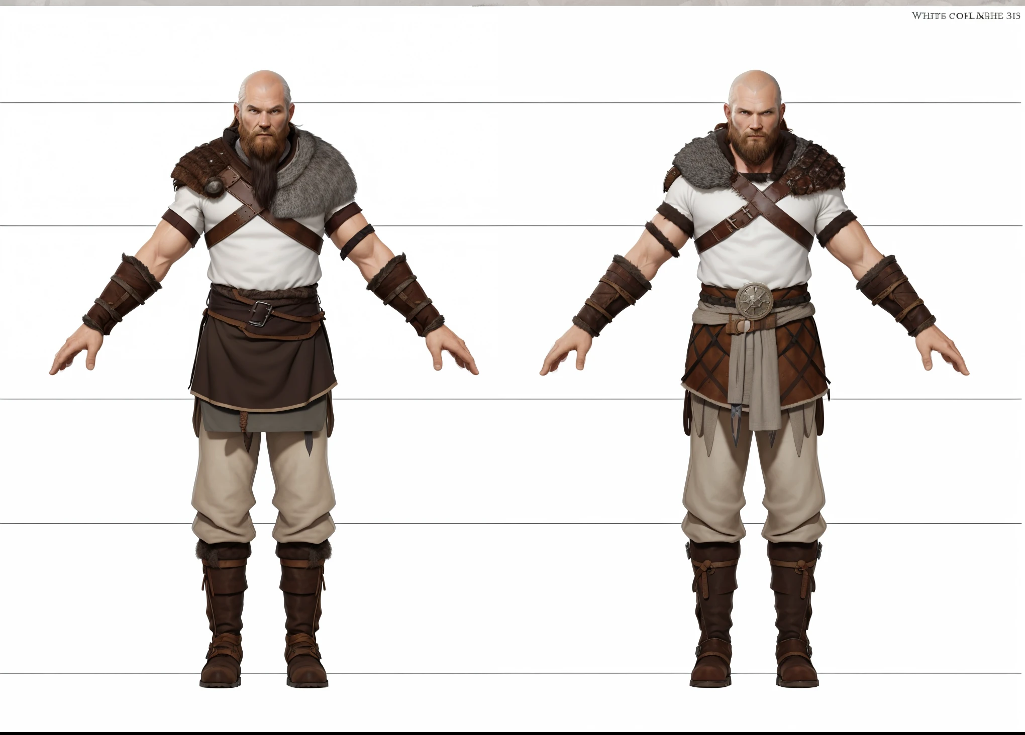 ( Realistic:1.33),(masterpiece:1.1),(highest quality:1.1),(HDR:1) a close up of a hunter villager with fur coat, medieval villager , wool cloth, full body concept, detailed full body concept, Viking ranger style, Viking protective, Portrait of a Viking, Viking warrior, Viking culture, Nordic warrior, Viking costume, Ancient Viking warrior, wearing Viking clothing, male Viking, with Machado, Nordic inspiration, Viking and barbarian aesthetics, full body character concept,costume concept design, full body details, detailed full body concept art, full character body, character model sheet turnaround, fullbody shot turnaround, concept character sheet, full body concept art, reference model sheet , full body concept art, RPG style character, game character design, 3d character reference sheet, video game character concept, detailed character design, character sheet, [ character model sheet turnaround ], front and back, ((front and back)), grey clean background, 3D character, leather belt, leather boots with rob, ((gambeson cloth)), leather belt on chest, (viking warrior), ((barbarian)),(((wide chest)), leather shoulder armor, (gambeson loincloth), ragged loincloth, (((medieval white shirt cloth inside))), (((knife bag on waist)))