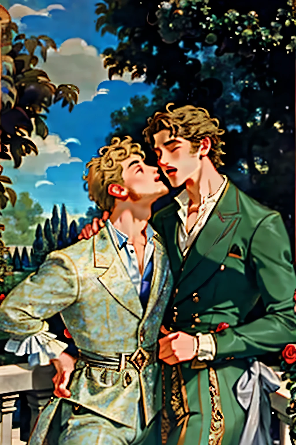 Romantic scene two young men kissing, Romantic scene two young men kissing, rose garden, imposing garden, baroque garden, Versailles, Europe, euroboy, European boy, handsome, boy, gay, cinematographic, bright, strong jaw, toned body, Greek face, handsome boy