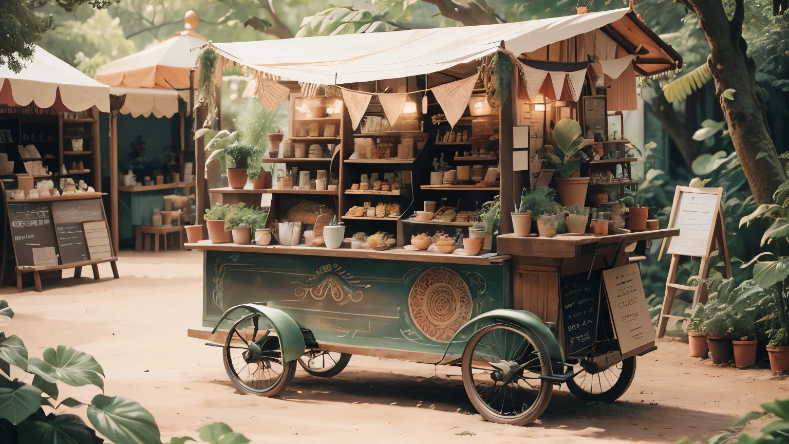 bohoai coffee cart, pastries, coffee, plants, extremely detailed