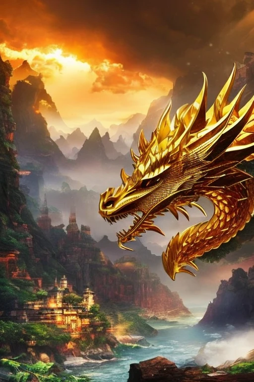 So sublime and divine々A beautiful golden dragon floats in the center of the screen, glaring at the camera.。金色のThe dragon is幸せをもたらす神なのでとても有難い存在である。The surrounding area is a canyon where no one can get close, and lightning is flashing in the background.、The sun is shining brightly。The dragon is、I want a realistic image。