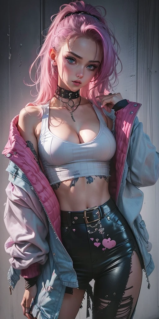 Beautiful girl , sexy slim fit body, punk hair , crop top, , gorgeous blue eyes , pink lips , blushed cheeks , big breasts,