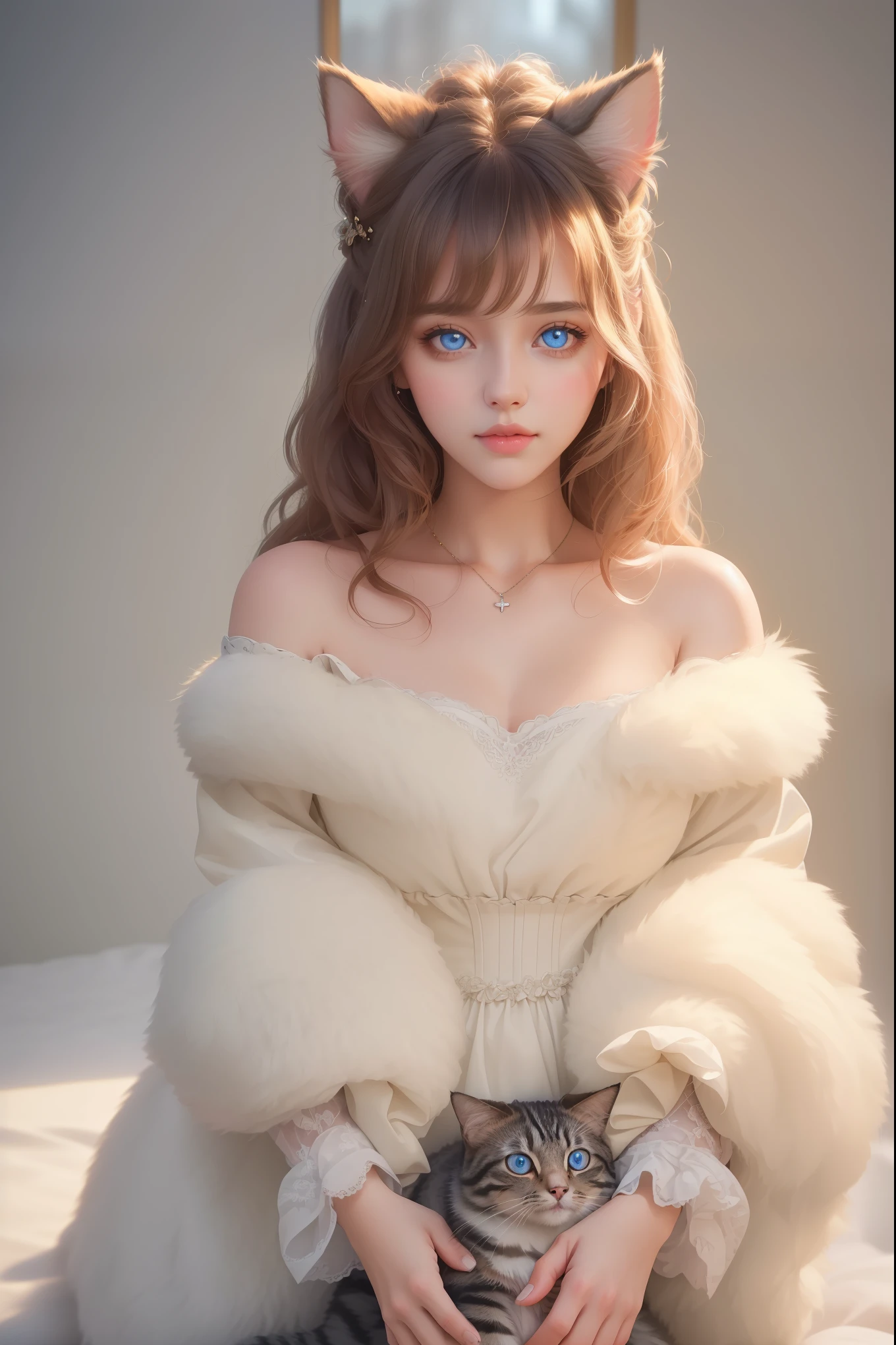 A girl with a pet cat,beautiful detailed eyes,beautiful detailed lips,soft fluffy fur,cozy atmosphere,cute interactions,sketchy style,(best quality,4k,8k,highres,masterpiece:1.2),ultra-detailed,realistic,HDR,studio lighting,professional,vivid colors,soft pastel colors,warm lighting