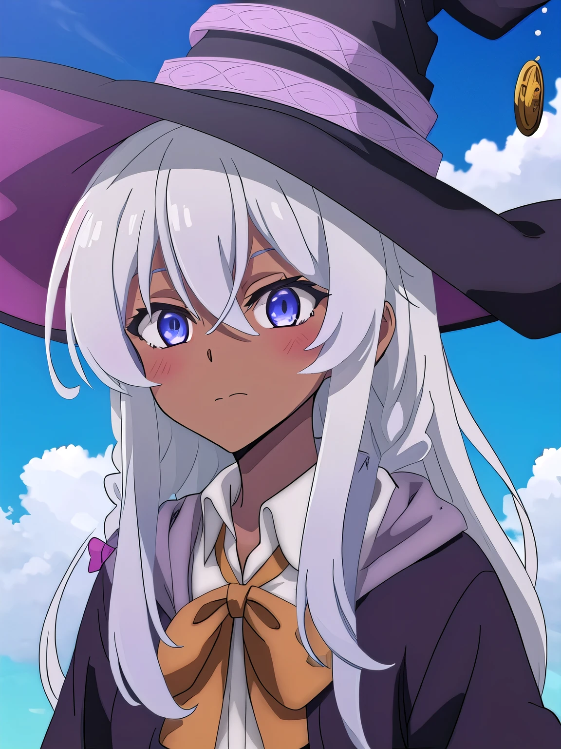 best quality, masterpiece, highres, solo, {elaina_majonotabitabi:1.15}, long_hair, bangs, hair_between_eyes, blue_eyes, closed_mouth, grey_hair, bow, white_hair, hat, witch_hat, braided_hair, black_robe,  black_headwear, purple_eyes, 1girl, blue_sky, cloud, collared_shirt, portrait, sky, day, shirt, white_shirt, blush, anime_coloring, dark skin, black skin, ugly face, standing, outdoor, (dark skin:1.5)