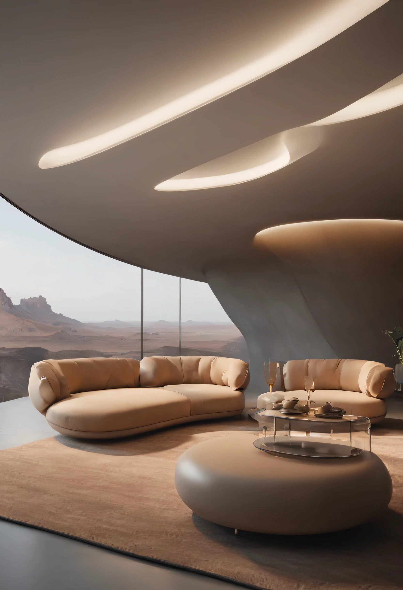 a surreal, ultra-detailed, modern interior architecture scene, multiple viewpoints, (best quality,4k,8k,highres,masterpiece:1.2),ultra-detailed,(realistic,photorealistic,photo-realistic:1.37),clean, serene, ethereal, high-end U-shaped sofa, frosted glass display podium, amber transparent coffee table, natural rock formations, calm water surface, gray carpet flooring, cave perspective