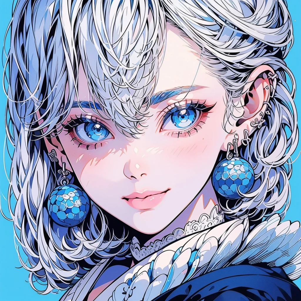 minimalist,fashion girl,white hair,blue background,Wearing special earrings,Bohemian style,Defined eyelashes,Full bright blue eyes,Clean and transparent eyes,close up,Portrait facing camera,Smile flat illustration,Geometry,clean,japanese manga