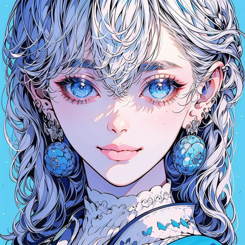 minimalist,fashion girl,white hair,blue background,Wearing special earrings,Bohemian style,Defined eyelashes,Full bright blue eyes,Clean and transparent eyes,close up,Portrait facing camera,Smile flat illustration,Geometry,clean,japanese manga