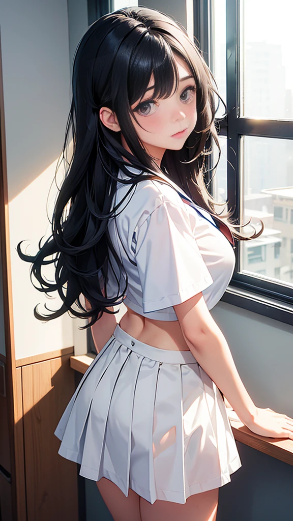 highest quality、Realistic、girl、zoom、cute、Grey Eyes、Black Hair、Long hair with wavy ends、College uniforms、Short sleeve white shirt、Navy Mini Skirt、Looking down、Bust Shot、thin、Big Breasts、classroom、Standing with your back to the window、Soft Light、shy,seductive pose,Blushing