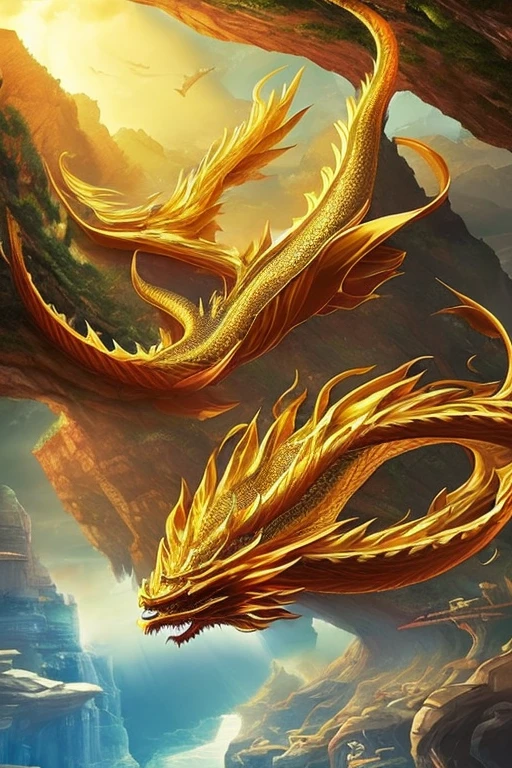 So sublime and divine々A beautiful golden dragon floats in the center of the screen, glaring at the camera.。金色のThe dragon is幸せをもたらす神なのでとても有難い存在である。The surrounding area is a canyon where no one can get close, and lightning is flashing in the background.、The sun is shining brightly。The dragon is、I want a realistic image。