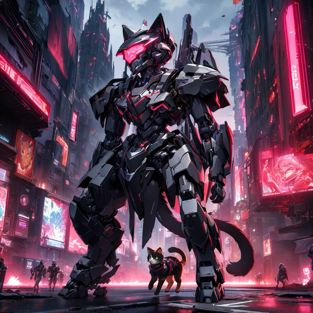 High quality, high definition, high precision images,16k wallpaper,( one cyborg cat). quadrupedal walking,long tail cyborg style
whole body cyborg mech white and black mechanical armor、A robot-like helmet on the head,red neon light from armor、pounce,Belly is also mechanical armor、Futuristic ruined city background