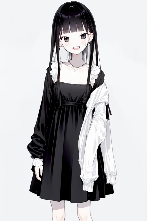 -First Love, One girl, alone, In-person audience, Long Hair, dress, Jacket, plastic bag, smile, close your eyes, bangs, black Jacket, white dress, bag, Black Hair, No sleeve dress, Open your mouth, Off the shoulder, Holding, :d, socks, Holding bag, open Jacket, No sleeve, chest, clavicle, Long sleeve, white socks, teeth, The legs are off the frame, Open clothes, sign, jewelry, White Background, blunt bangs, star \(symbol\), Earrings, ^_^, Simple Background, Sleeves are longer than the wrist, tooth, medium chest, Gray background, upper teeth only, Knee-high, Exposing shoulders, Are standing, ear piercing, blush