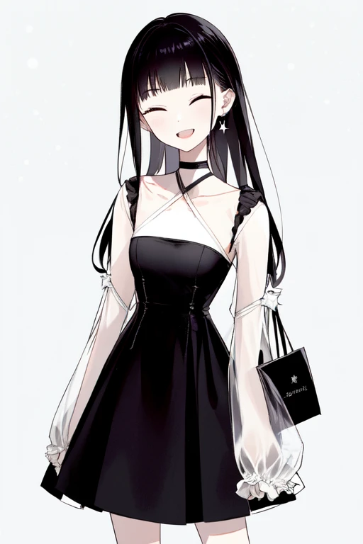 first love, 1girl, solo, facing viewer, long hair, dress, jacket, plastic bag, smile, closed eyes, bangs, black jacket, white dress, bag, black hair, sleeveless dress, open mouth, off shoulder, holding, :d, socks, holding bag, open jacket, sleeveless, breasts, collarbone, long sleeves, white socks, teeth, feet out of frame, open clothes, signature, jewelry, white background, blunt bangs, star \(symbol\), earrings, ^_^, simple background, sleeves past wrists, fangs, medium breasts, grey background, upper teeth only, kneehighs, bare shoulders, standing, ear piercing, blush