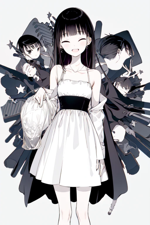 -First Love, One girl, alone, In-person audience, Long Hair, dress, Jacket, plastic bag, smile, close your eyes, bangs, black Jacket, white dress, bag, Black Hair, No sleeve dress, Open your mouth, Off the shoulder, Holding, :d, socks, Holding bag, open Jacket, No sleeve, chest, clavicle, Long sleeve, white socks, teeth, The legs are off the frame, Open clothes, sign, jewelry, White Background, blunt bangs, star \(symbol\), Earrings, ^_^, Simple Background, Sleeves are longer than the wrist, tooth, medium chest, Gray background, upper teeth only, Knee-high, Exposing shoulders, Are standing, ear piercing, blush